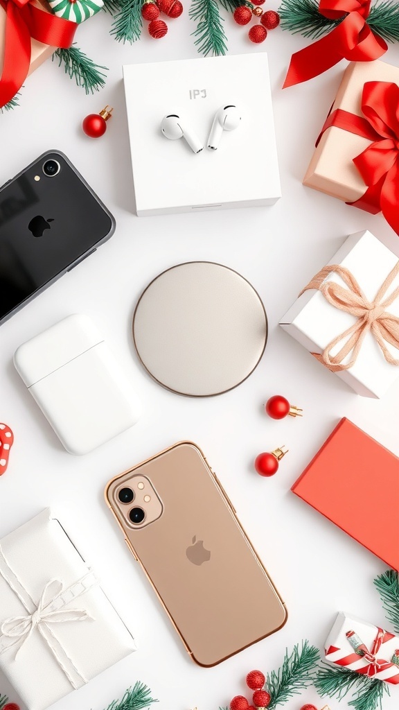 A collection of iPhone accessories and gifts for Christmas, featuring earbuds, a charging pad, and a phone case on a festive background.